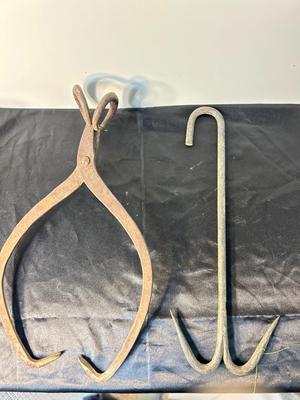 ANTIQUE ICE BLOCK, GRABBER, AND ANTIQUE MEAT HOOK