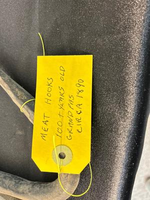 ANTIQUE ICE BLOCK, GRABBER, AND ANTIQUE MEAT HOOK
