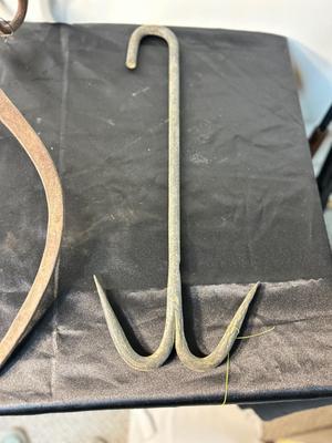 ANTIQUE ICE BLOCK, GRABBER, AND ANTIQUE MEAT HOOK