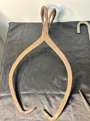 ANTIQUE ICE BLOCK, GRABBER, AND ANTIQUE MEAT HOOK