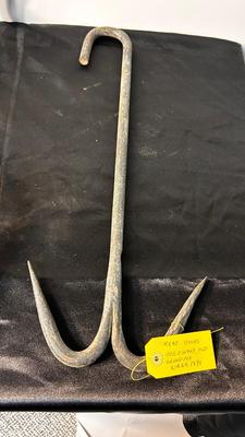 ANTIQUE ICE BLOCK, GRABBER, AND ANTIQUE MEAT HOOK