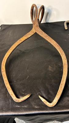 ANTIQUE ICE BLOCK, GRABBER, AND ANTIQUE MEAT HOOK