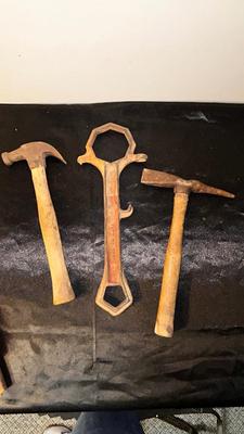 HYDRANT WRENCH, VERY OLD HAMMER AND PICK AXE
