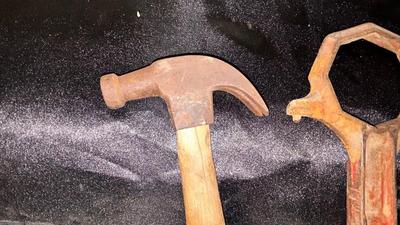 HYDRANT WRENCH, VERY OLD HAMMER AND PICK AXE