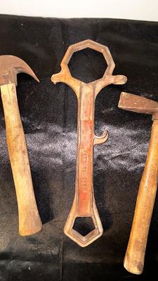 HYDRANT WRENCH, VERY OLD HAMMER AND PICK AXE