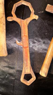 HYDRANT WRENCH, VERY OLD HAMMER AND PICK AXE