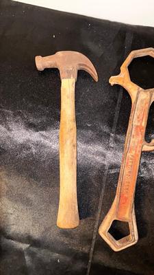 HYDRANT WRENCH, VERY OLD HAMMER AND PICK AXE