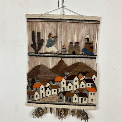 676 Peruvian Hand-Woven Wall Tapestry Of Village Scene