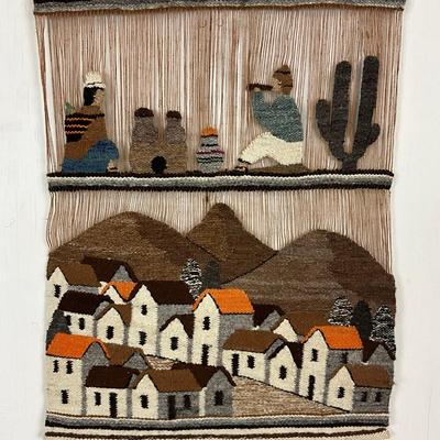 676 Peruvian Hand-Woven Wall Tapestry Of Village Scene