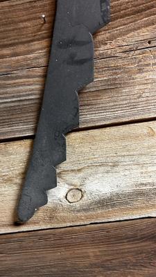 LEFT IS A ANTIQUE HAY KNIFE AND RIGHT ANTIQUE ROOF SLATE TOOL SHINGLE NAIL RIPPER PULLER HAND FORGED IRON CAST TOOL