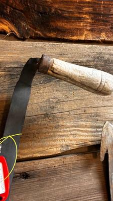 LEFT IS A ANTIQUE HAY KNIFE AND RIGHT ANTIQUE ROOF SLATE TOOL SHINGLE NAIL RIPPER PULLER HAND FORGED IRON CAST TOOL