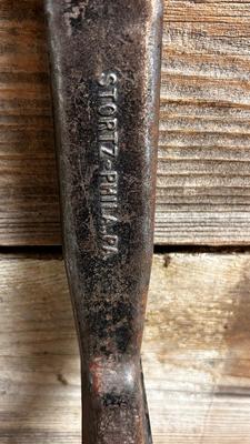 LEFT IS A ANTIQUE HAY KNIFE AND RIGHT ANTIQUE ROOF SLATE TOOL SHINGLE NAIL RIPPER PULLER HAND FORGED IRON CAST TOOL