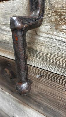 LEFT IS A ANTIQUE HAY KNIFE AND RIGHT ANTIQUE ROOF SLATE TOOL SHINGLE NAIL RIPPER PULLER HAND FORGED IRON CAST TOOL