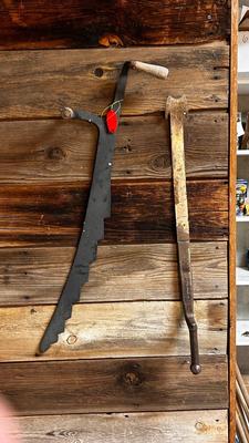 LEFT IS A ANTIQUE HAY KNIFE AND RIGHT ANTIQUE ROOF SLATE TOOL SHINGLE NAIL RIPPER PULLER HAND FORGED IRON CAST TOOL