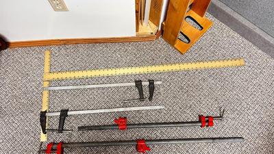 BAR CLAMPS, DRYWALL SQUARE & 32” WOOD WORKING CLAMPS