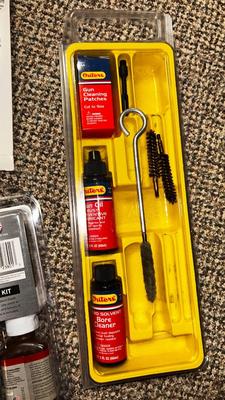 GUN STOCK FINISH KIT, BARREL CLEANING RODS, ANTI CORROSION GUN STORAGE BAGS,GUN SOLVENT, OIL, AND PATCHES FOR CLEANING
