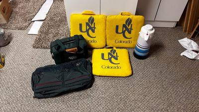 UNIVERSITY OF NORTHERN COLORADO BLEACHER CUSHIONS TRAVEL BAG, ALADDIN SOFT SIDE COOLER AND DRINK DISPENSER