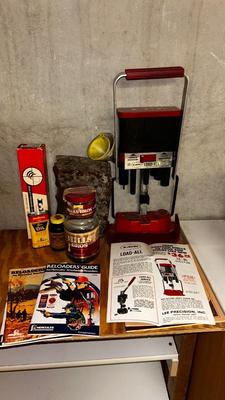 LEE SHOT GUN SHELL RELOADING MACHINE, LARGE WAX BLOCK AND MORE