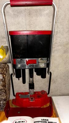 LEE SHOT GUN SHELL RELOADING MACHINE, LARGE WAX BLOCK AND MORE