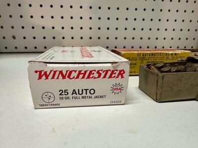 BOX OF 25 AUTO FULL METAL JACKETS, ,PARTIAL BOX OF 32 AUTO, OTHER VARIOUS PISTOL AMMUNITION