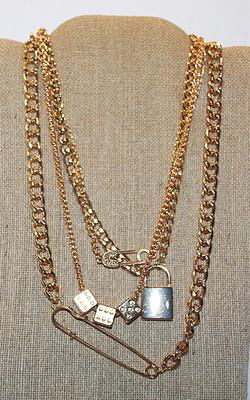 Unique Solid Gold Tone NECKLACE with Pins, Lock & Dice on 4 Different Style Chains and Lobster Clasp 20" L