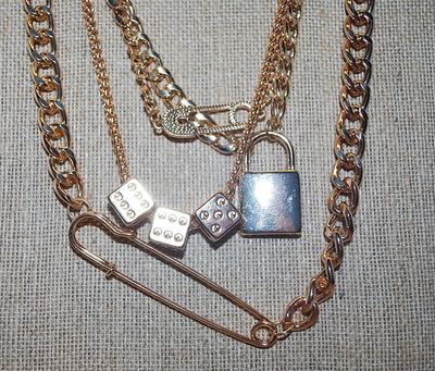 Unique Solid Gold Tone NECKLACE with Pins, Lock & Dice on 4 Different Style Chains and Lobster Clasp 20" L
