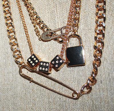 Unique Solid Gold Tone NECKLACE with Pins, Lock & Dice on 4 Different Style Chains and Lobster Clasp 20" L
