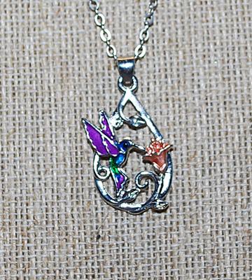 Beautiful HUMMINGBIRD NECKLACE on a Silver Tone Teardrop Setting and Lobster Clasp 20" L