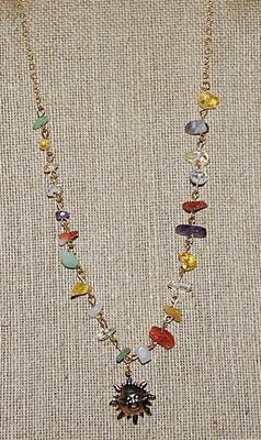 Gold Tone "SUNFACE" NECKLACE with Irregular Shaped Multicolor Beads and Gold Tone Chain & Lobster Clasp 18" L