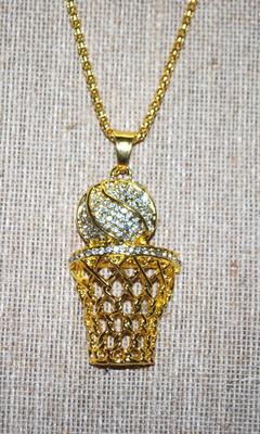 Fun BEJEWELED BASKETBALL & HOOP PENDANT / NECKLACE with Gold Tone "Snake Scales" Necklace Chain and Lobster Clasp 22" L