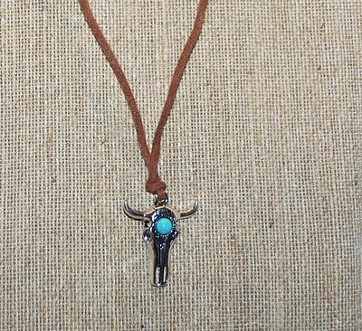 "Crackled" Round Jade Style Stone CATTLE SKULL PENDANT / NECKLACE with Leather-Style Rope Attachment