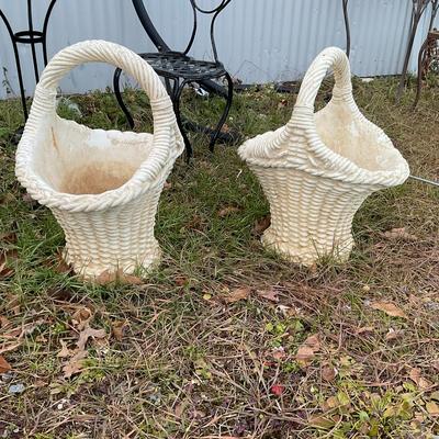 629 Pair Of Vintage Cast Stone Wicker-Form Garden Basket Planters, Mid-20th Century