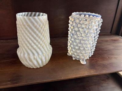 Elson Dewdrop Opalescent Celery Vase & Northwood Opalescent Spiral Optic Ruffled Vase