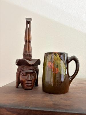 Owens Utopian Pottery Mug & Hand Carved Wooden Igorot Piece