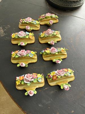 8 Dresden hand painted flower place card holders