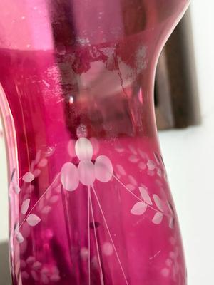 Pair of Cranberry Etched Hurricane Lamps