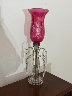 Pair of Cranberry Etched Hurricane Lamps