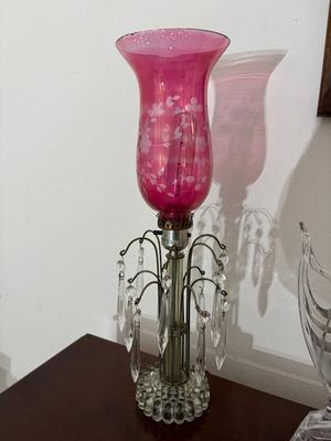 Pair of Cranberry Etched Hurricane Lamps
