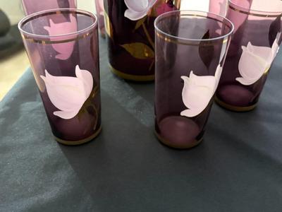 Hand painted purple glass water pitcher set