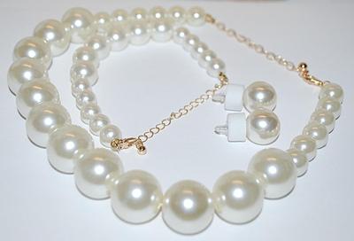 Pearl Style White GLOBES NECKLACE (14" L + Lobster Clasp) & BRACELET (3½" Opening +Toggle) & EARRINGS JEWELRY SET with...