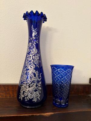 Blue cobalt with silver overlay vase & cobalt blue water glass