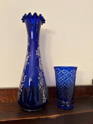 Blue cobalt with silver overlay vase & cobalt blue water glass