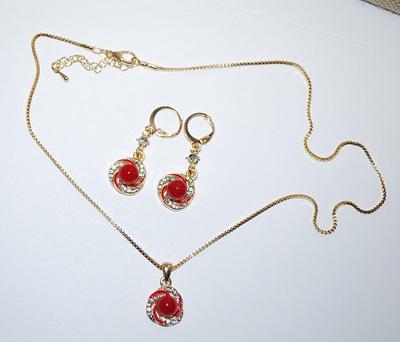 Single Red GLOBE NECKLACE (17" L + Lobster Clasp) & EARRINGS JEWELRY SET with Gold Tone RED SWIRL Setting + Matching Earrings...