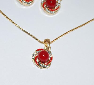Single Red GLOBE NECKLACE (17" L + Lobster Clasp) & EARRINGS JEWELRY SET with Gold Tone RED SWIRL Setting + Matching Earrings...