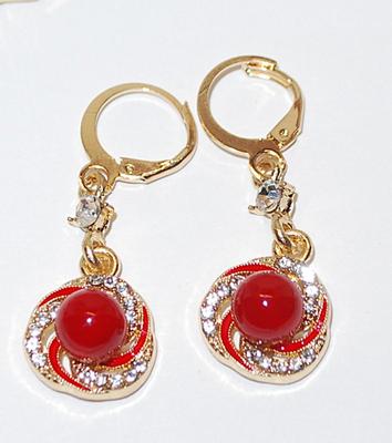 Single Red GLOBE NECKLACE (17" L + Lobster Clasp) & EARRINGS JEWELRY SET with Gold Tone RED SWIRL Setting + Matching Earrings...