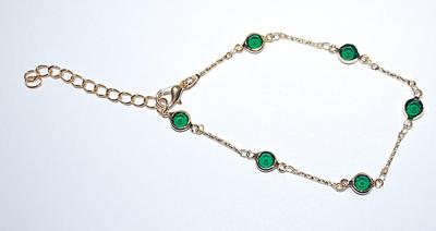 "Emerald Green" Style Beveled Stones BRACELET (2½" Opening) with 6 Circle Surrounds Stones and a Gold Tone Chain and...
