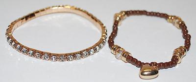 Collection of 2 Elastic BRACELETS (2" Opening) with Brown Beads & HEART; and Infinity Style Clear Stone Style with Gold Tone...