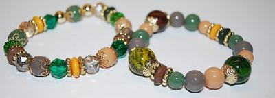 Collection of 2 Elastic BRACELETS (2" Opening) with Assorted Shades of Gray, Pink, Green & Coral Beads with Gold Tone "Bead...