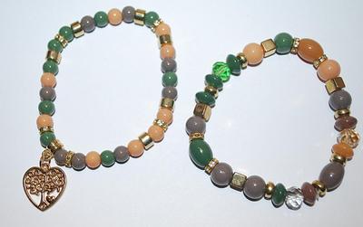 Collection of 2 Elastic BRACELETS (2" Opening) with "Tree of Life" Heart Shaped Dangle Accent + Green, Coral, Gray Beads...