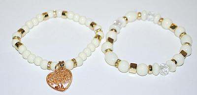 Collection of 2 White Pearl-Style BRACELETS (2" Opening) with "Tree of Life" Heart Dangle and Gold Tone Circles and Square...